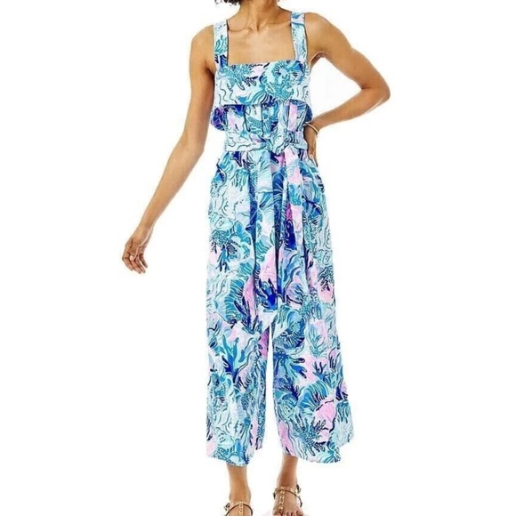 Lilly Pulitzer Tasely Jumpsuit Saltwater Blue Shade Seekers Print 6 Boho Vibrant - Picture 1 of 16